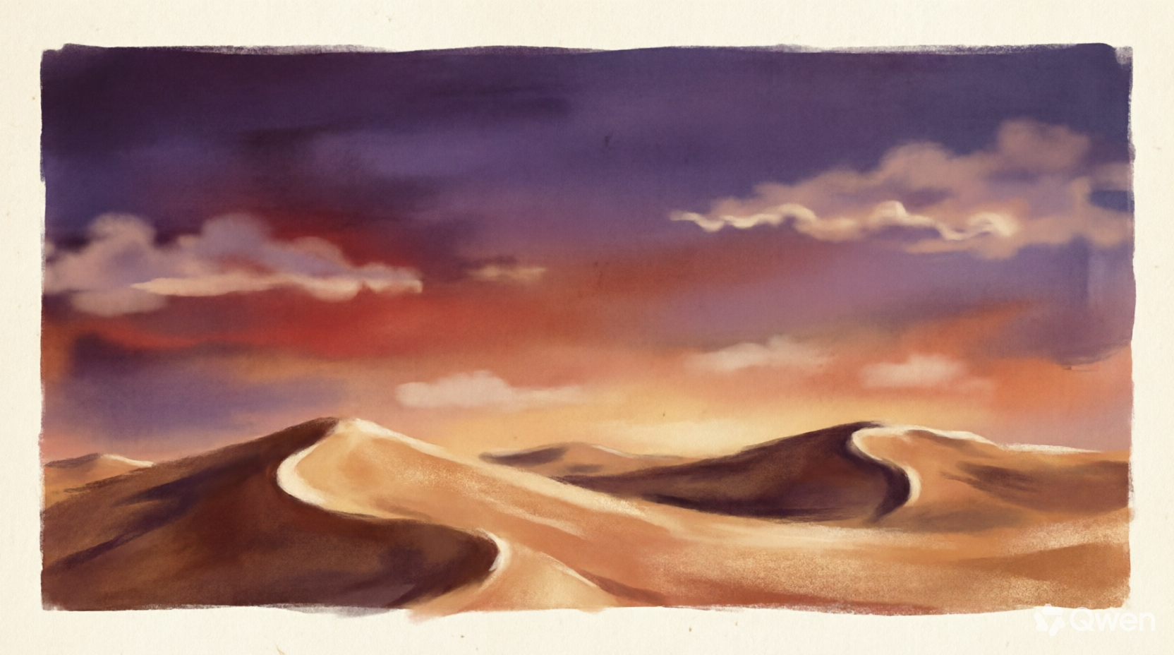 Painted dusk rolling across quiet dunes.